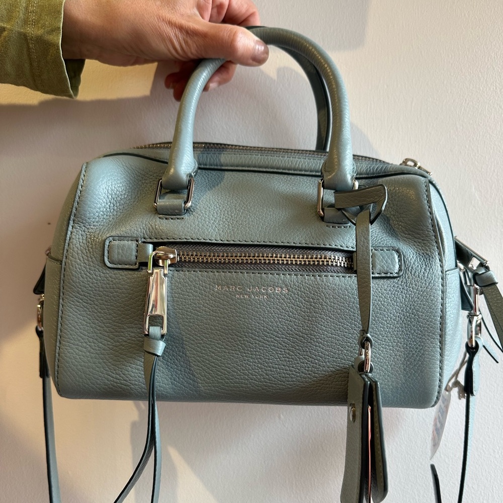 SOLD! Marc Jacob’s New York baby blue genuine pebble leather handbag with strap.